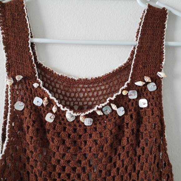 🏝 crochet beach ⛱ sleveless brown cover up size XS .cotton . - Picture 3 of 7